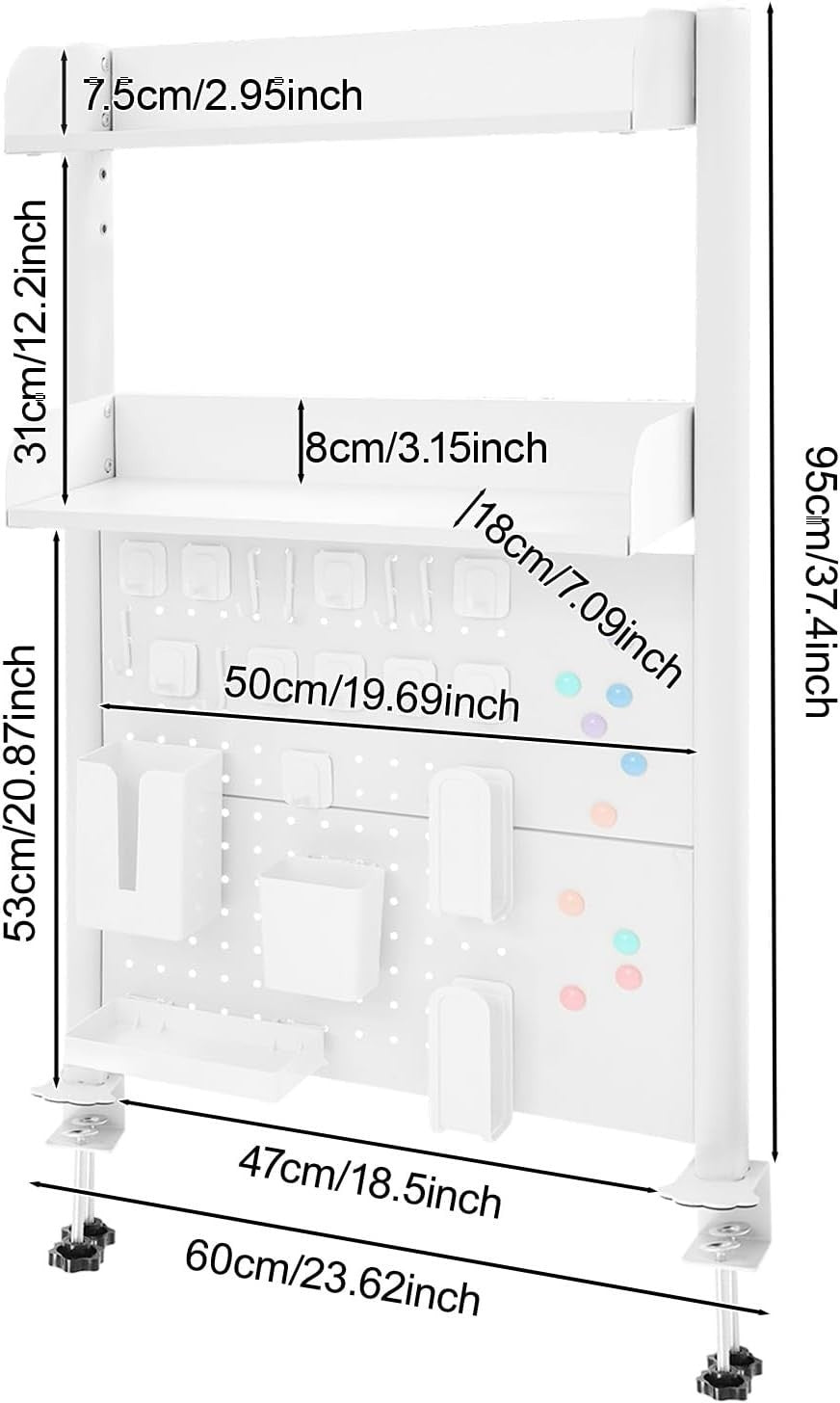Clamp-On Desk Pegboard 60cm 2-Tier Desktop Organizer Shelf Privacy Panel White