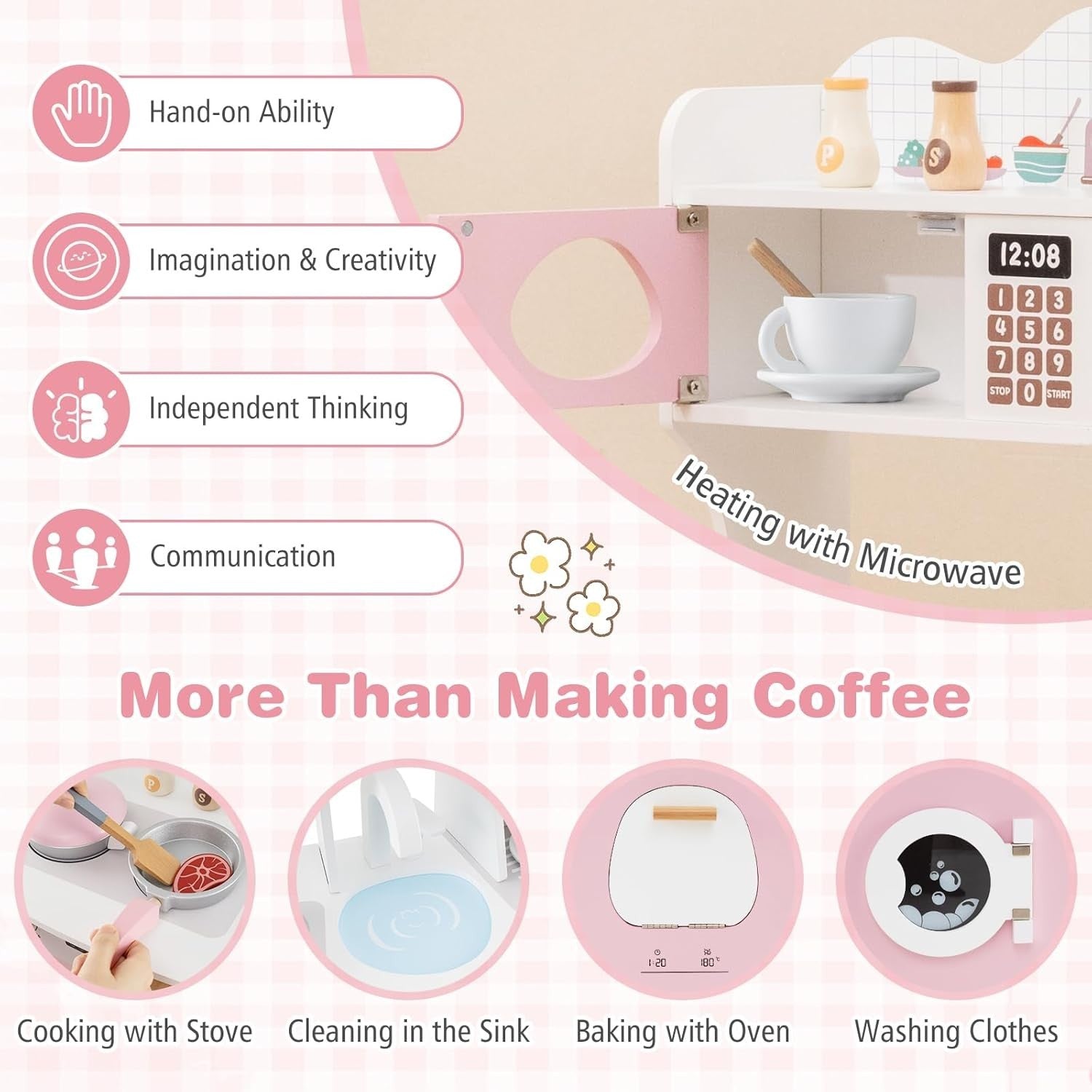 Kids Wooden Play Kitchen w/ Coffee Maker Microwave Pink Toy