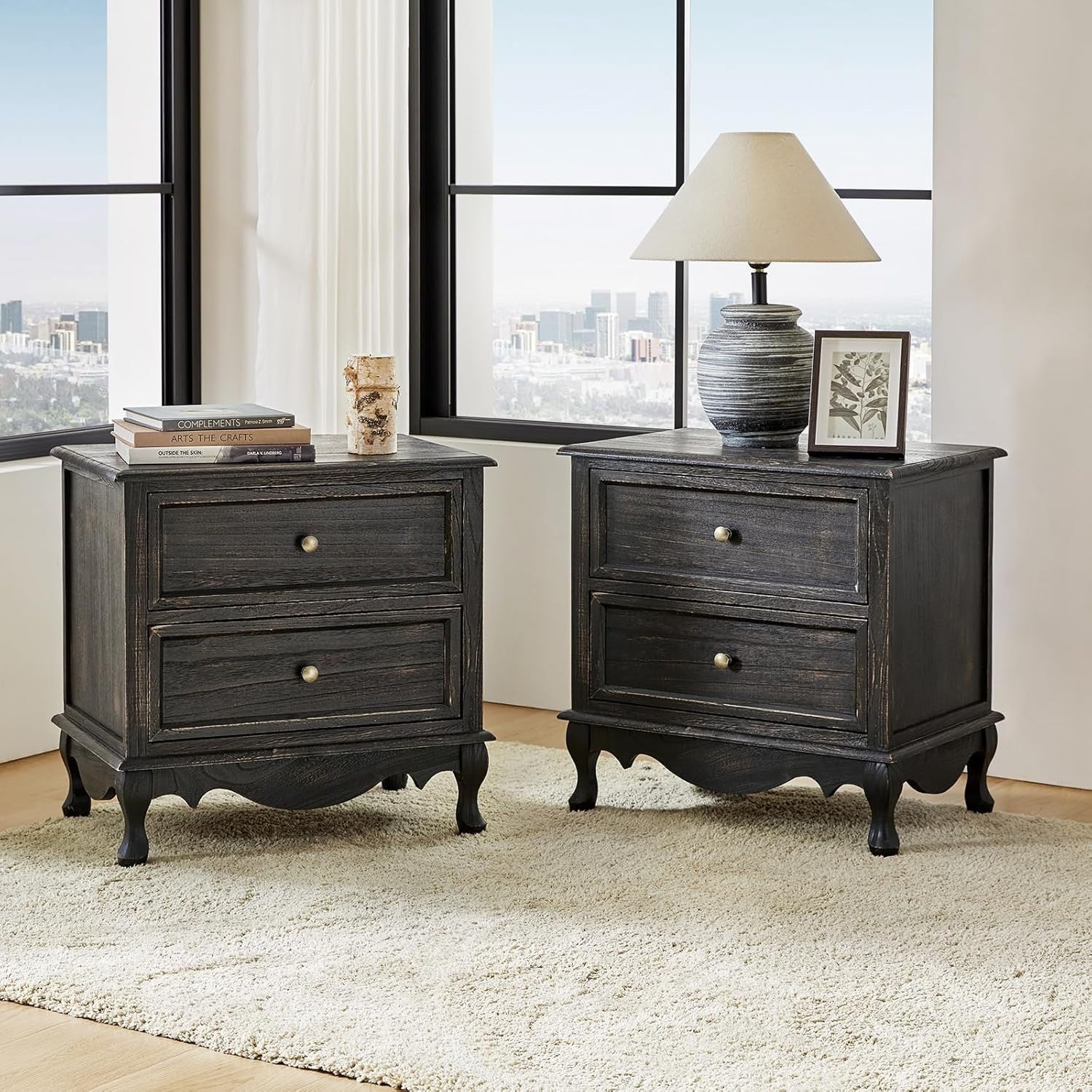 Charcoal Wood 2 Drawer Nightstand – French Country Bedside Table