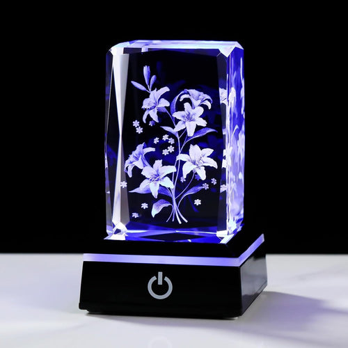 3D Crystal Lily Bouquet LED Light Cube Ornament Gift for Mum Wife Women Birthday