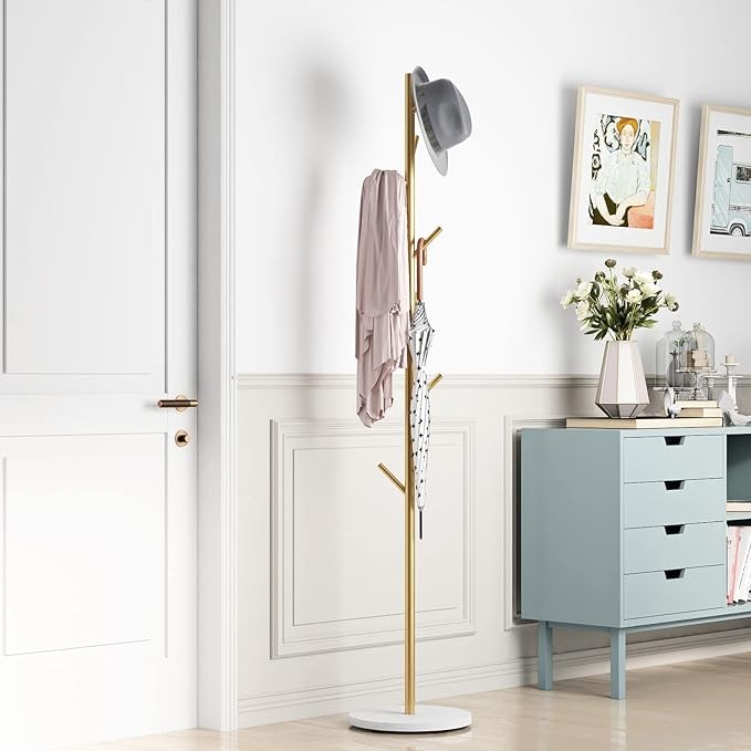Gold Metal Coat Rack with Marble Base | Freestanding Hall Tree for Coats, Hats