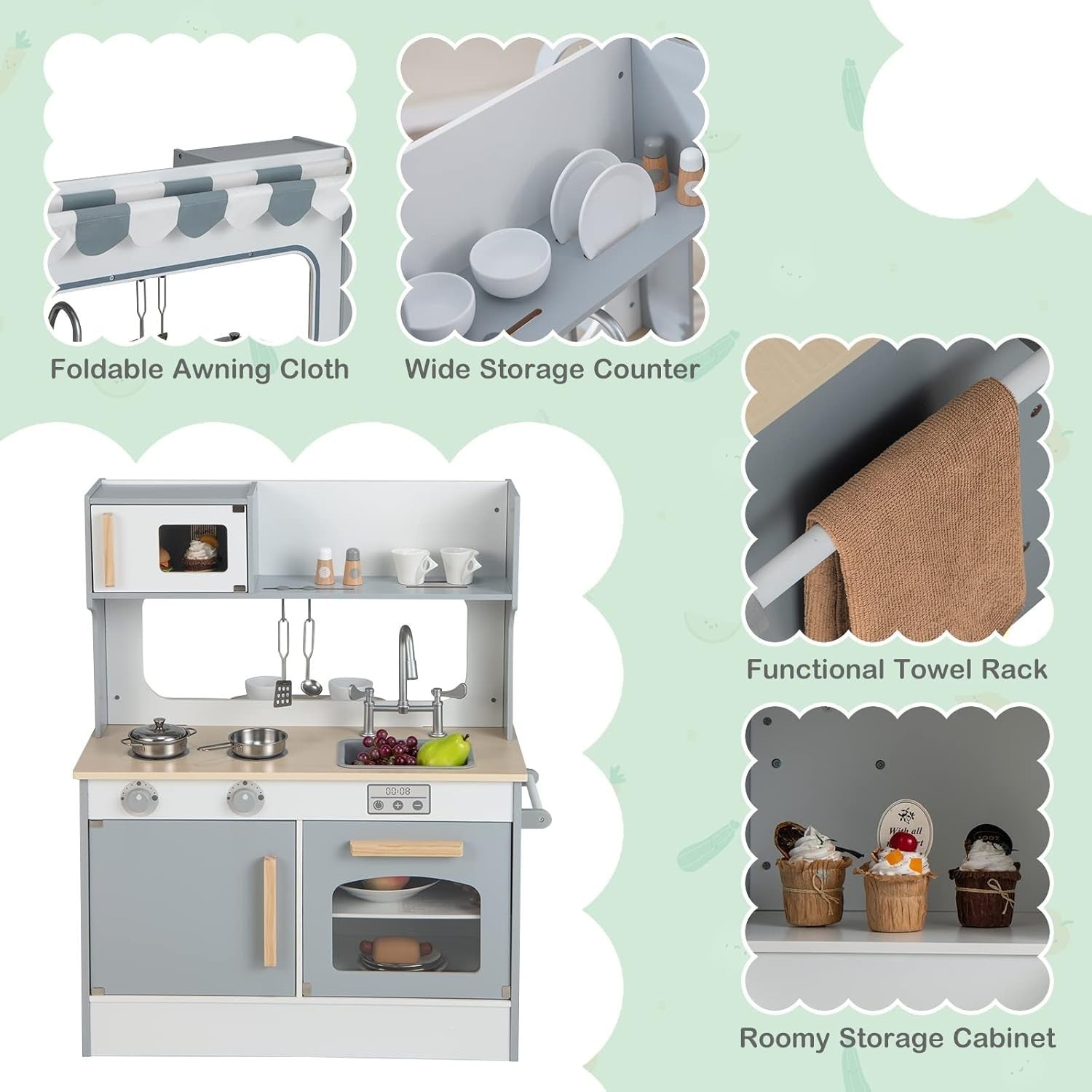 2 in 1 Kids Play Kitchen Diner Wooden Pretend Cooking Toy Grey White