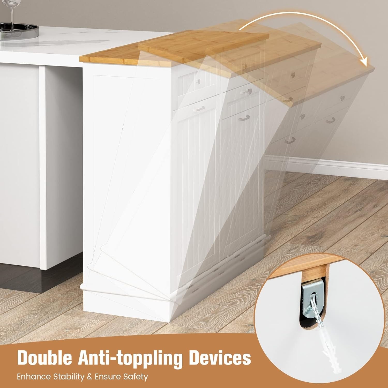 2-Door Tilt Out Laundry Hamper Cabinet with Drawers & Bamboo Top | Freestanding