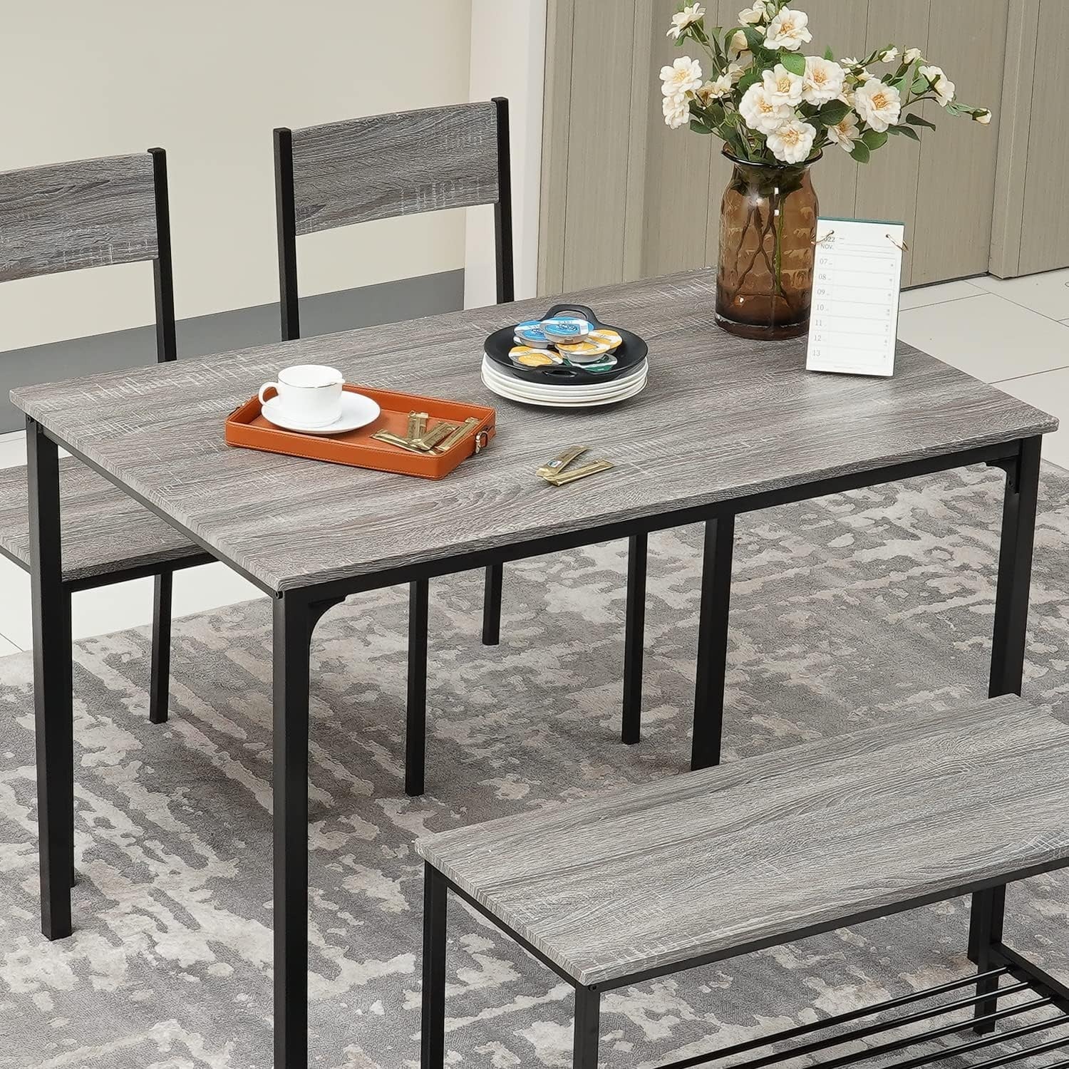 4-Piece Grey Dining Set with Bench & Chairs | Space Saving Kitchen Table