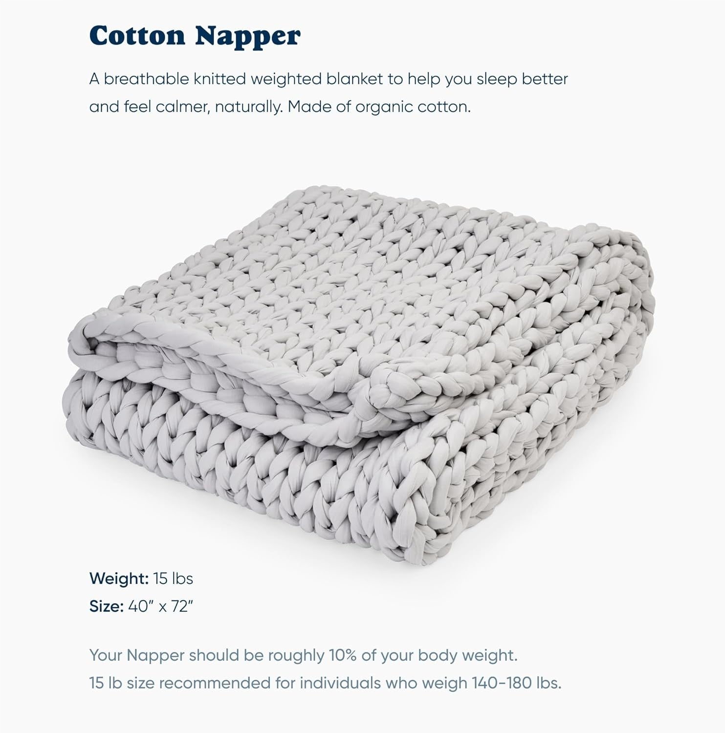 15lb Cotton Weighted Blanket Moonstone Grey Organic Hand-Knit