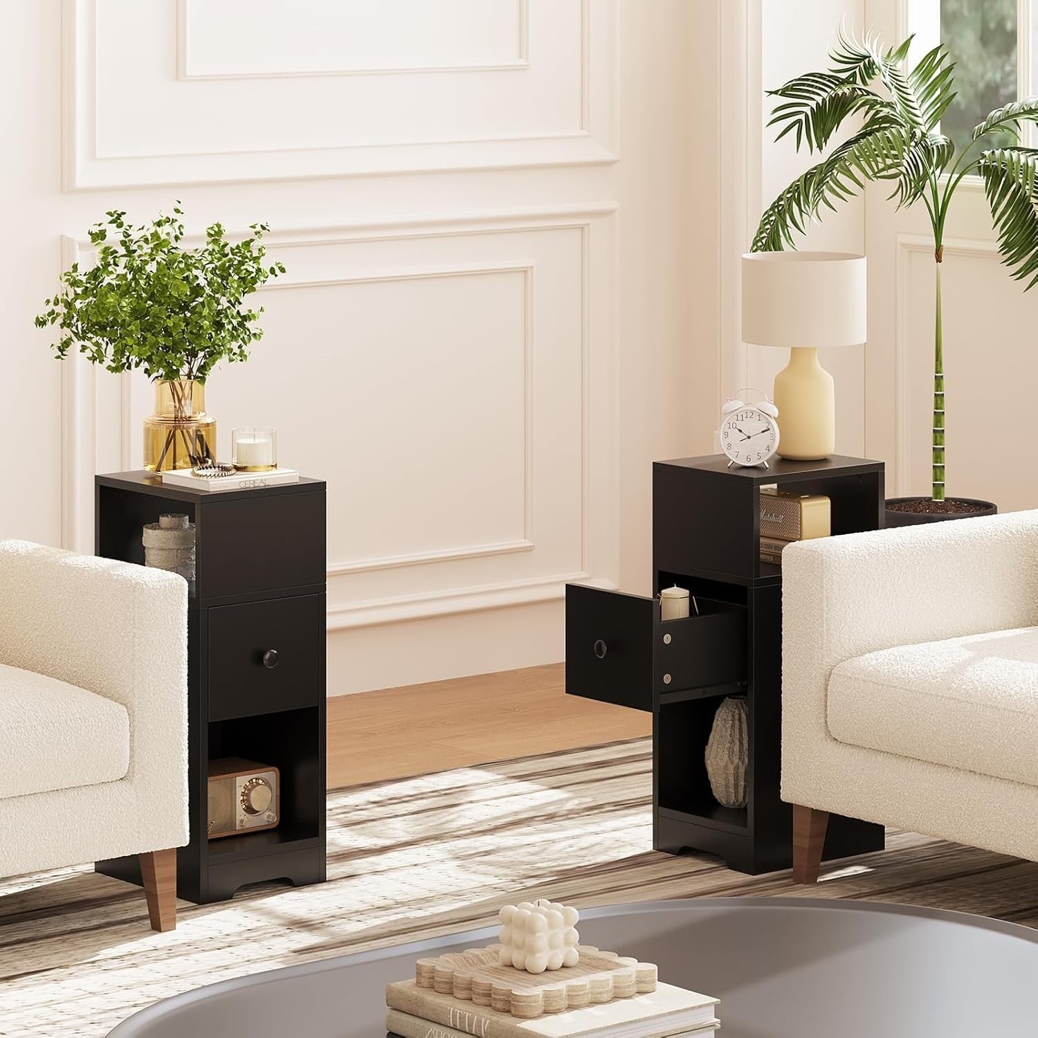 Set of 2 Slim Black Bedside Tables with Drawer & Shelves | Modern