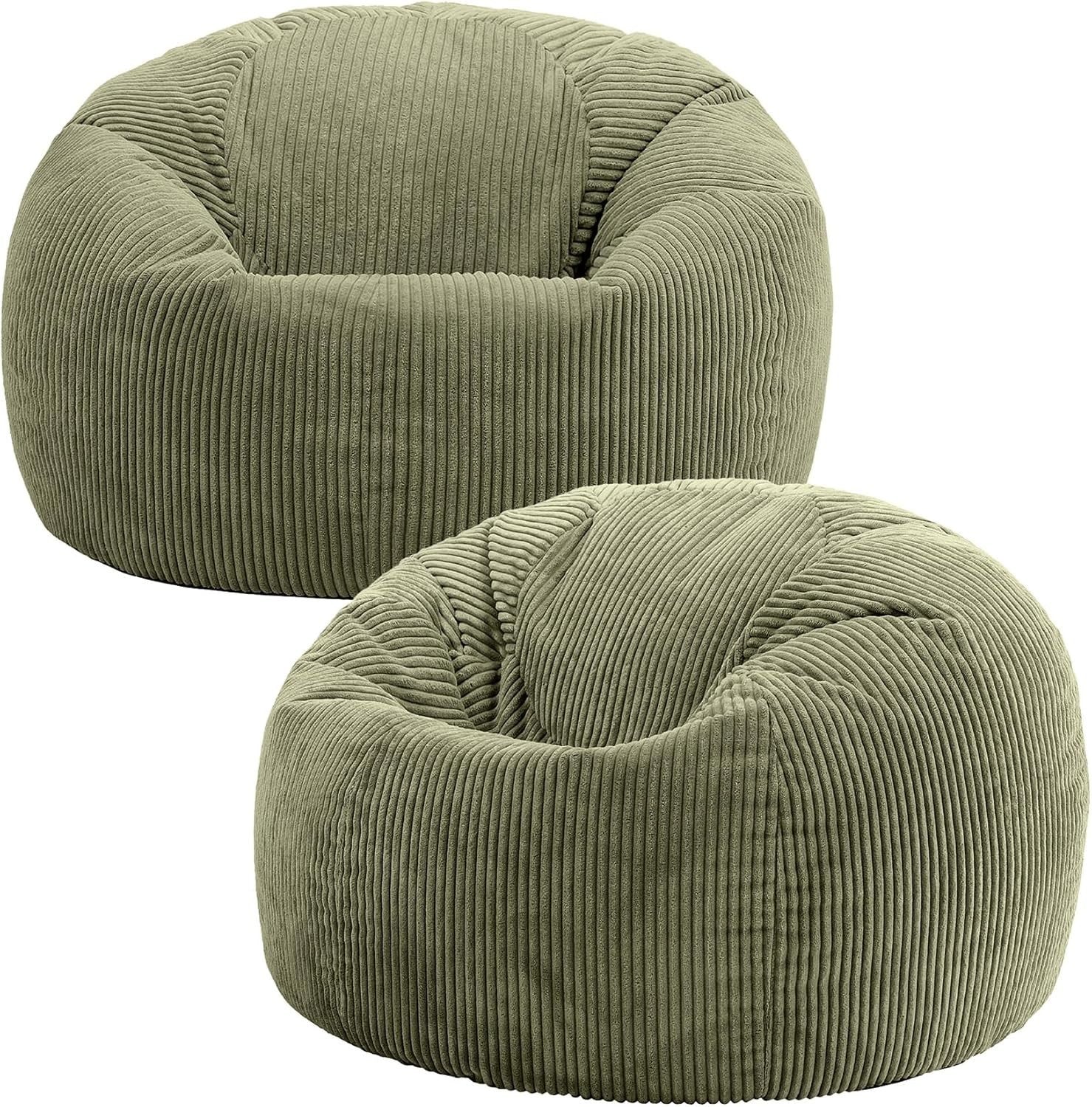 2x Large Bean Bag Chairs Adult Sage Green Corduroy Lounge Seating