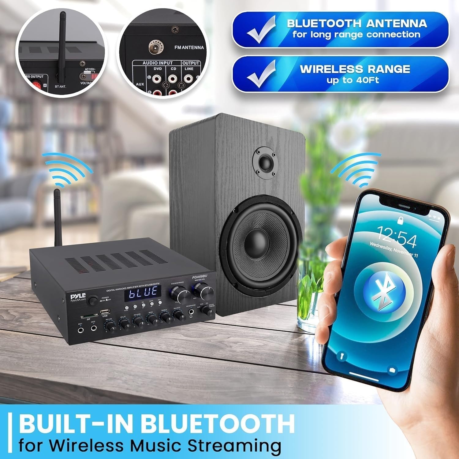 300W 2-Channel Bluetooth Stereo Amplifier Receiver AUX USB FM Mic Inputs