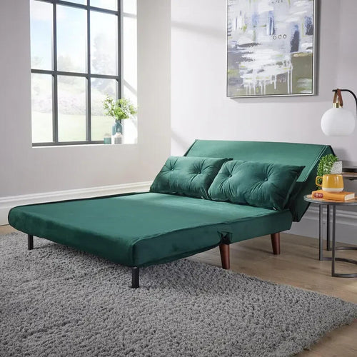 Green Velvet Double Sofa Bed 2 Seater w/ Pillows Fold Out Guest Sleeper