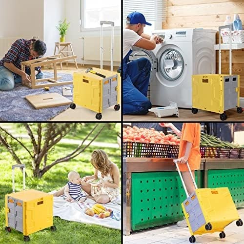 Foldable Grocery Trolley Cart 50Kg Portable Storage Box w/ Lid Yellow