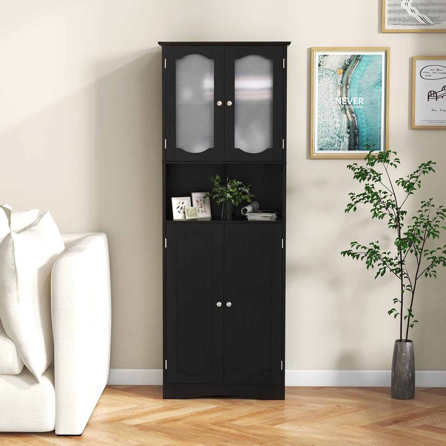 Black Wooden Tall Bathroom Cabinet with Glass Doors Adjustable Shelves