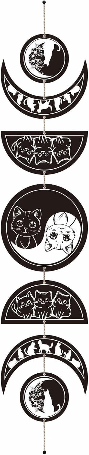 Moon Phase Wall Decor Wooden Boho 7-Piece Cat Yin Yang Art