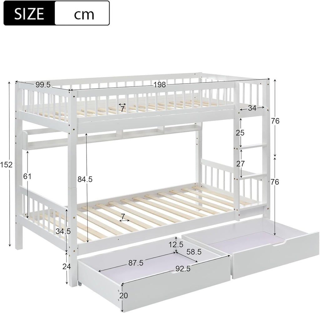 3FT Wooden Bunk Bed Frame with Drawers & Shelf, Storage Kids Bed 90x190cm