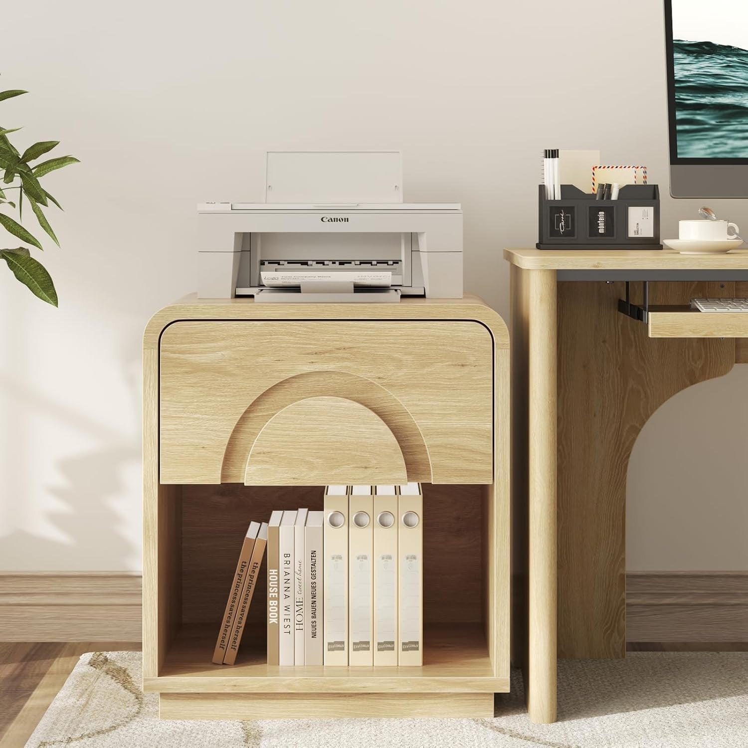 Modern Curved Bedside Table with Charging Station & Drawer Storage – Natural Woo