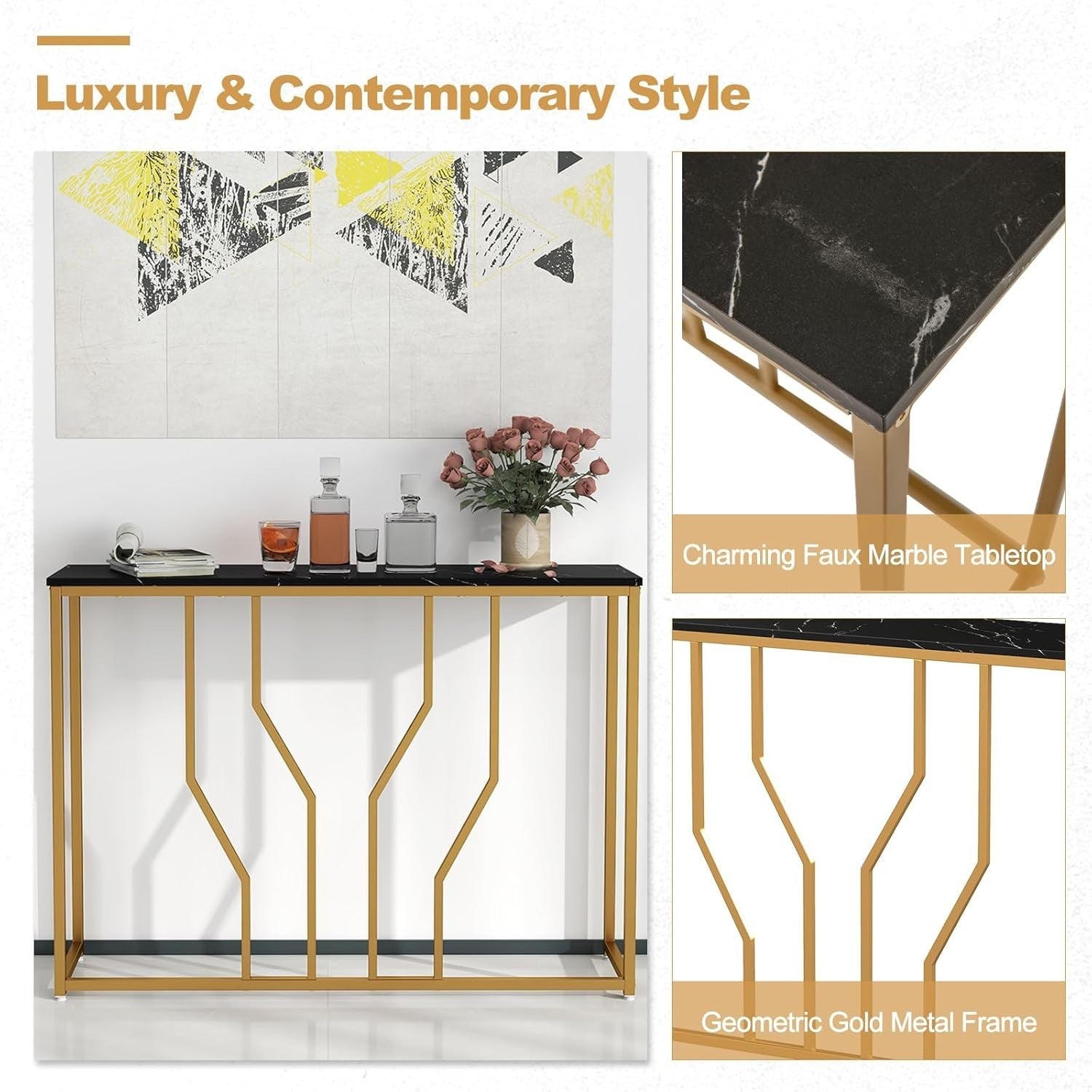 Slim Console Table Faux Marble Top Metal Frame Entryway Hallway Accent 110cm