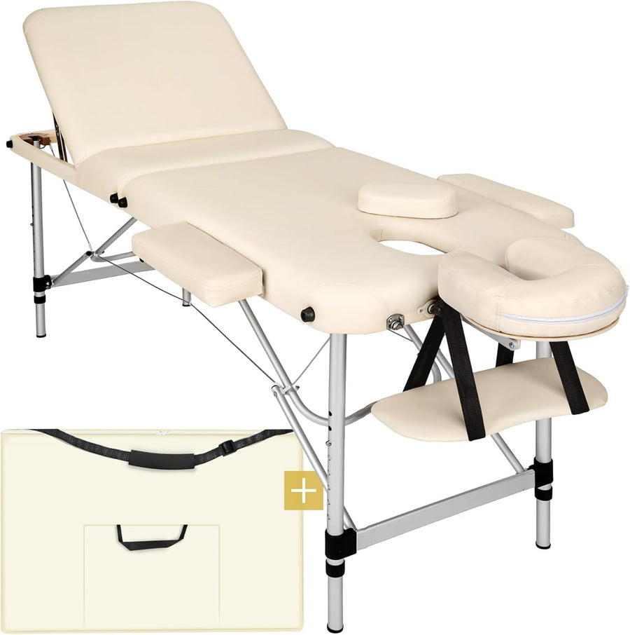 Portable 3 Section Massage Table Foldable Spa Beauty Bed 61cm Adjustable Beige