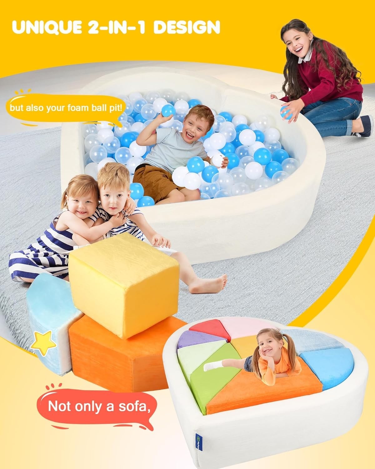 Heart-Shaped Kids Play Sofa with Built-in Ball Pit – Modular Puzzle Couch