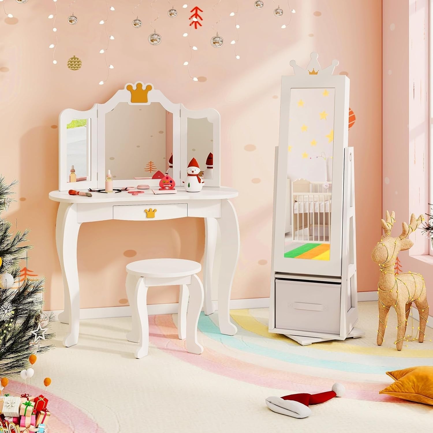 Kids Jewelry Cabinet 360° Swivel Mirror Organizer Girls Dress Up Vanity