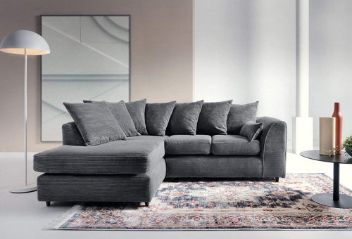 Grey Jumbo Cord L Shaped Corner Sofa Deep Cushions 4-Seater Lounge