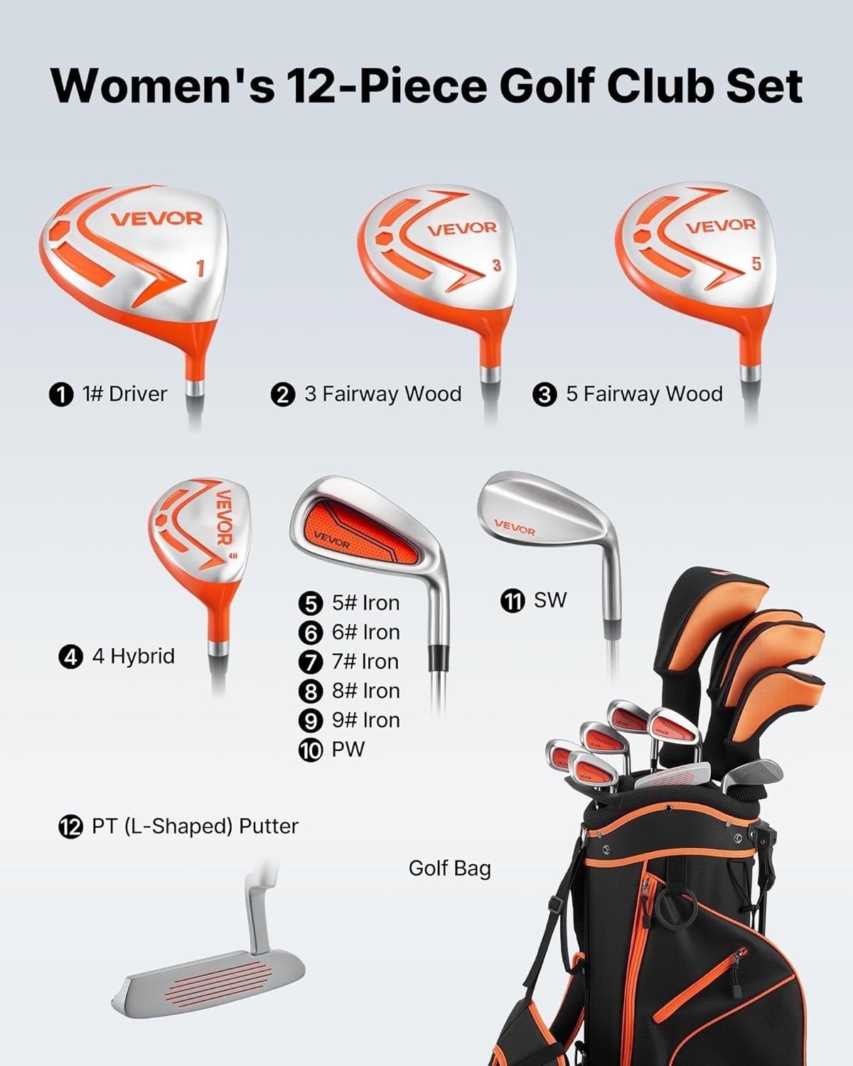Ladies Right Hand Golf Club Set 12pc Driver Fairway Hybrid Irons Bag