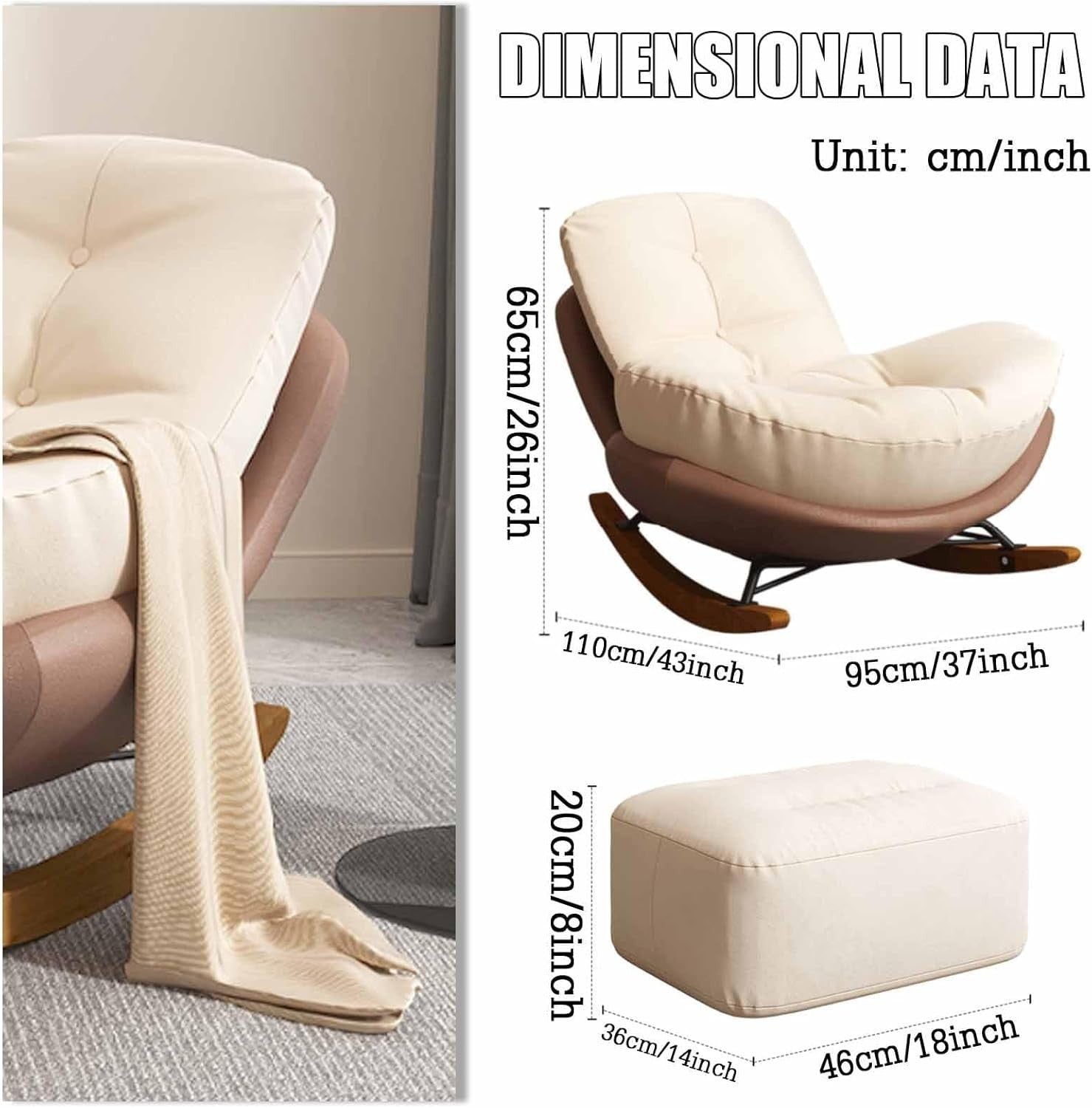 Luxury Rocking Chair with Footstool, Soft Recliner Glider for Nursery & Lounge