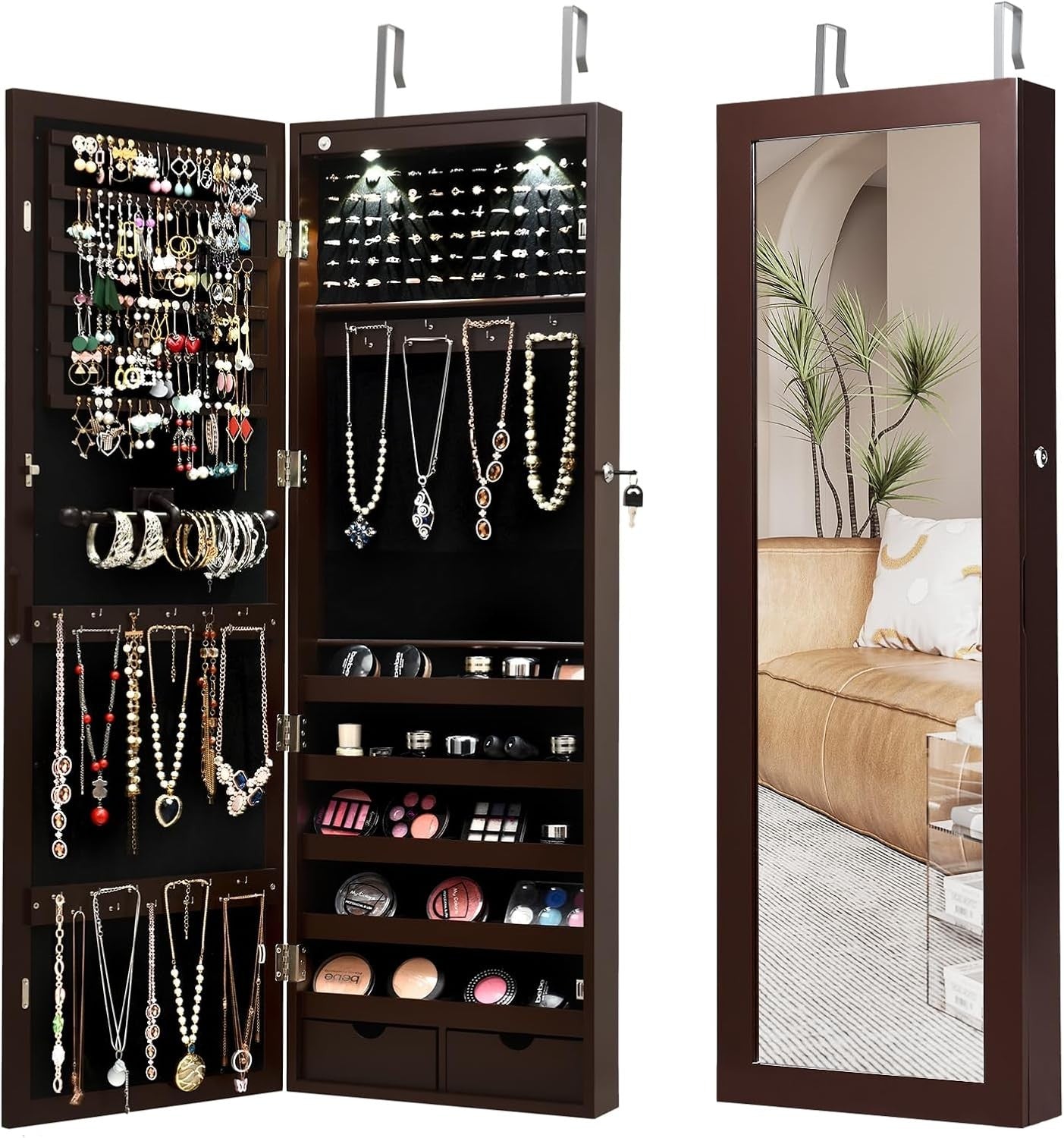 Wall Mounted Jewelry Cabinet LED Lighted Full Mirror Lockable Storage