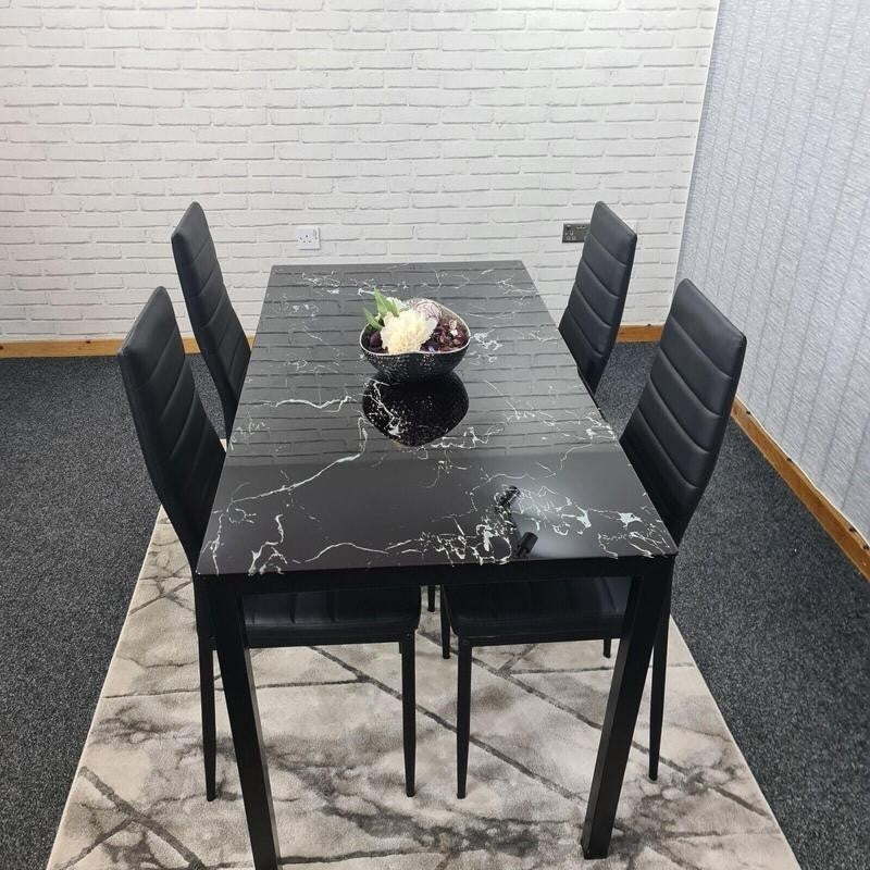 Black Glass Marble Dining Table Set with 4 Faux Leather Chairs Modern