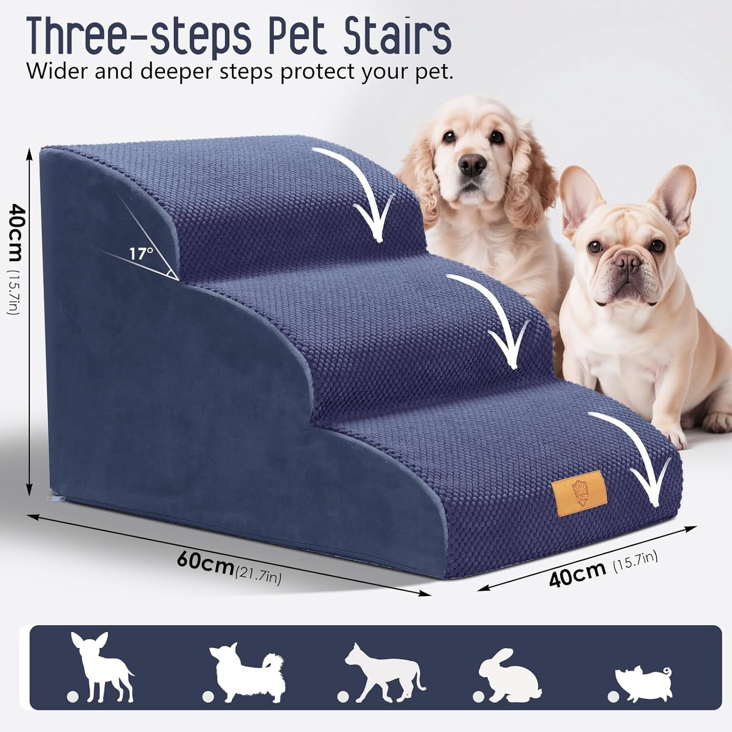 Blue 3 Step Dog Stairs 30D Foam Non Slip Ramp 60x40x40cm