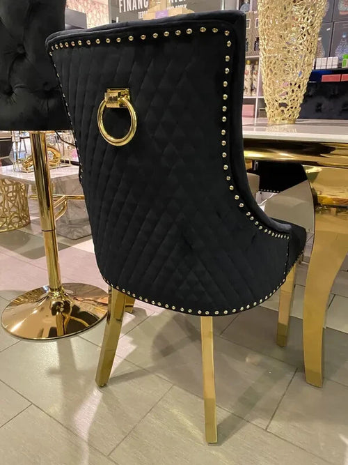 2 Black Velvet Dining Chairs Gold Legs Ring Back Tufted Studded Luxury