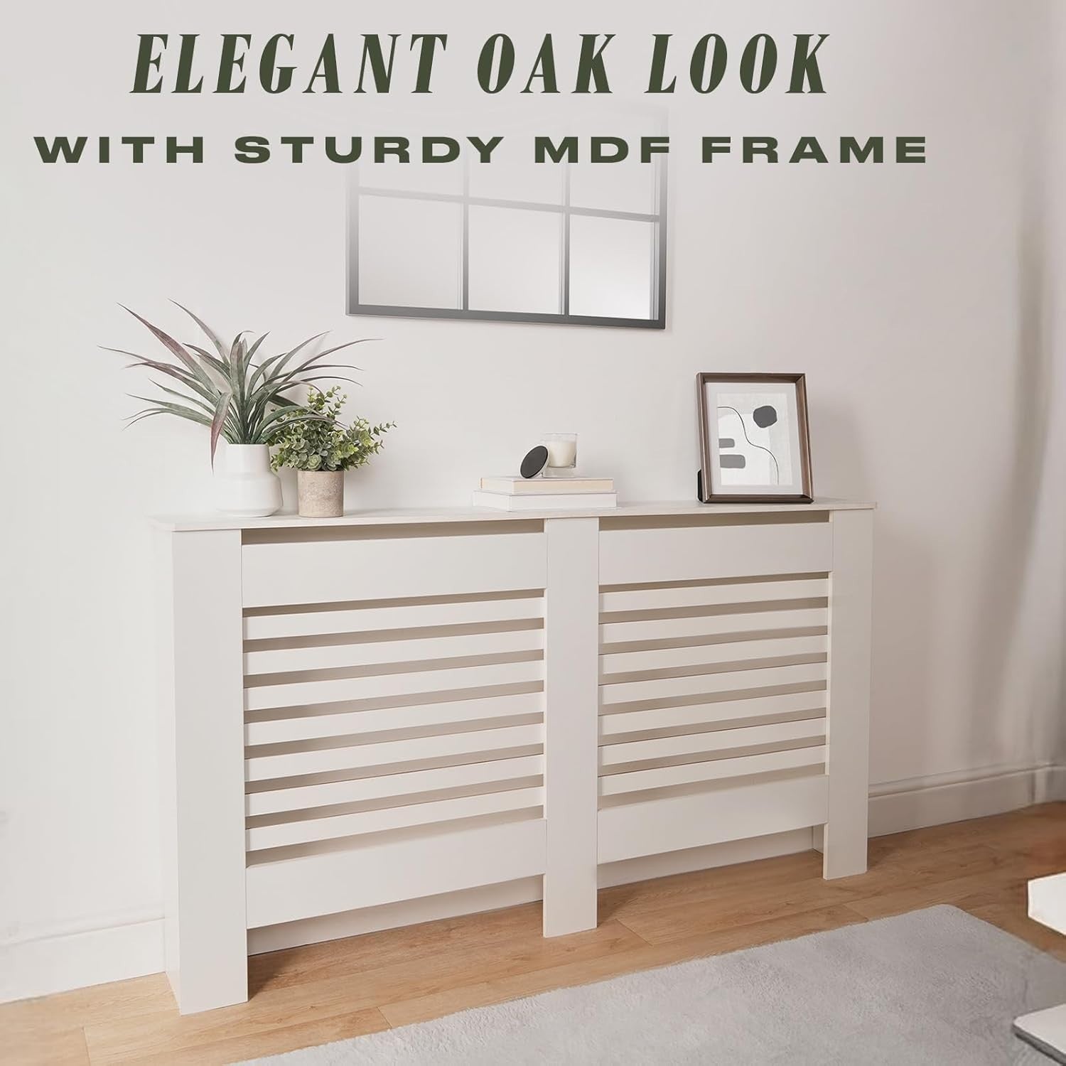 Large White Radiator Cover MDF Slatted Cabinet – Modern Wooden Heater Shelf