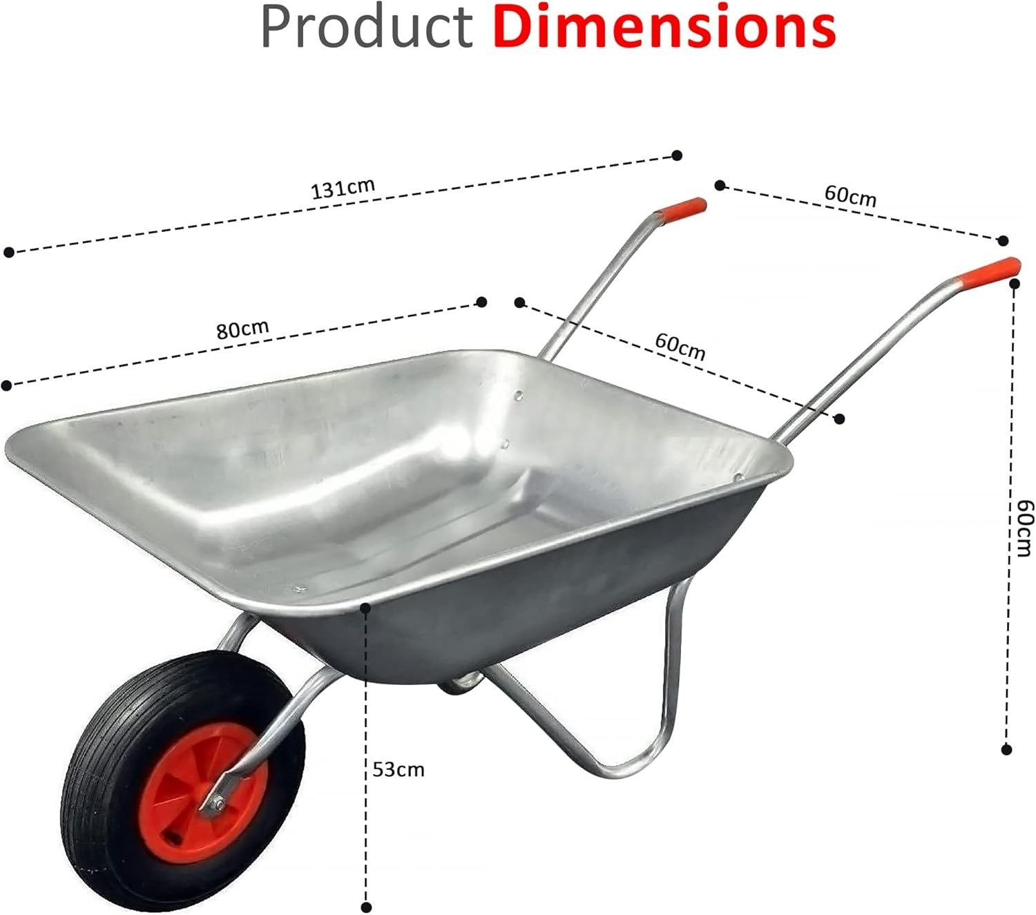 65L Galvanised Wheelbarrow – Pneumatic Tyre Heavy Duty Steel Cart for 100kg