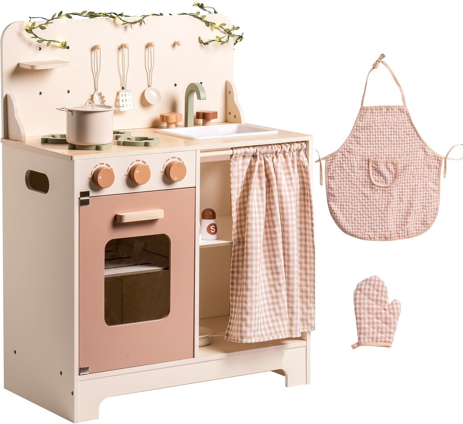 Wooden Kids Play Kitchen Set w/ Apron Oven Sink Rustic Pink Toy