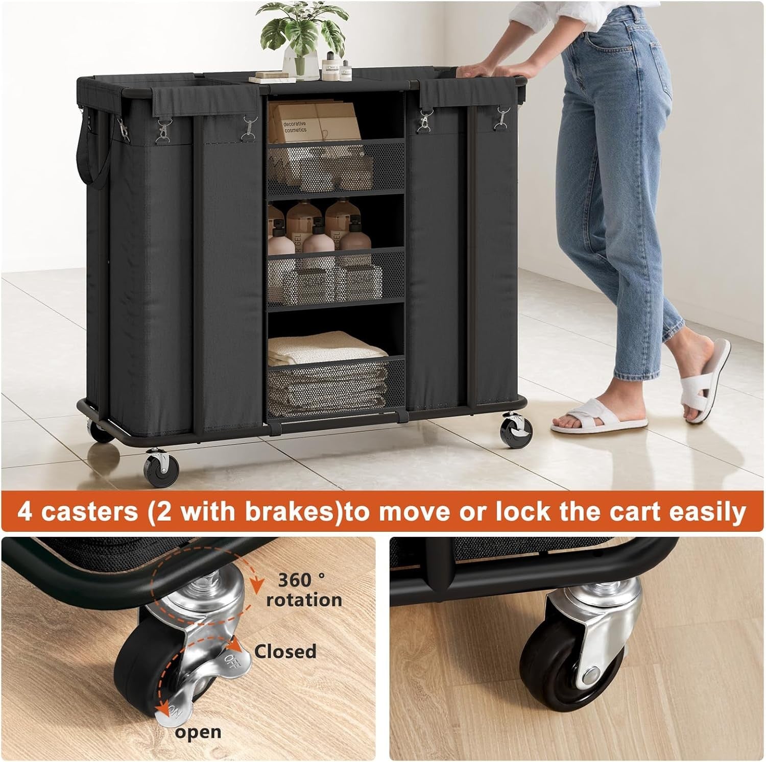200L Rolling Laundry Sorter Cart with Shelves & Dual Hanging Bags Black