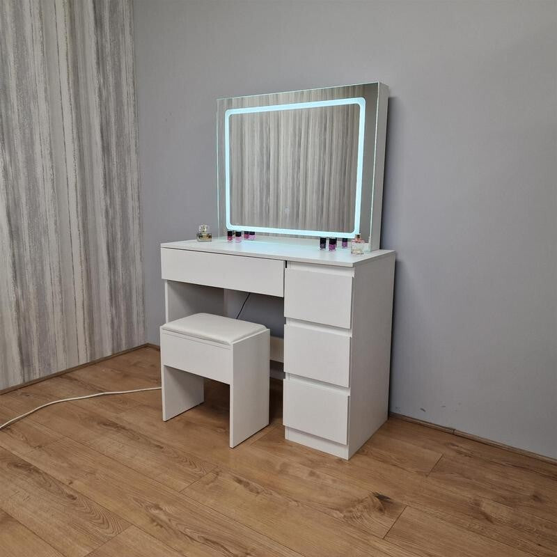 LED Vanity Dressing Table with Mirror & Stool, Makeup Desk w/ Drawers