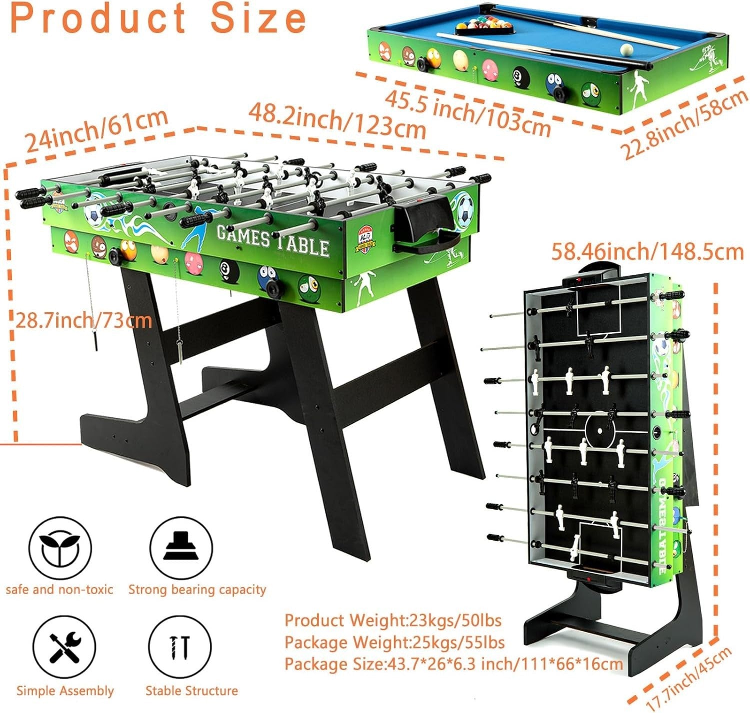 4ft Folding 4 in 1 Game Table Pool Foosball Hockey Tennis Set