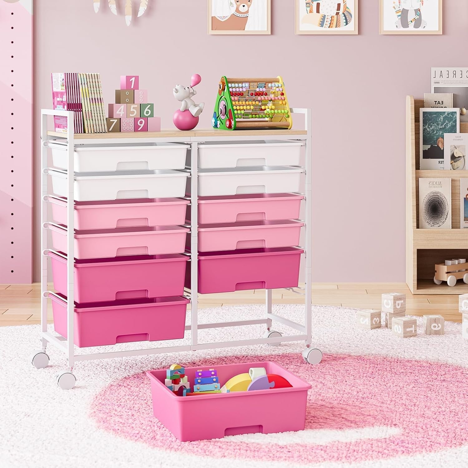 12 Drawer Rolling Storage Cart Makeup Craft Organizer Trolley Pink