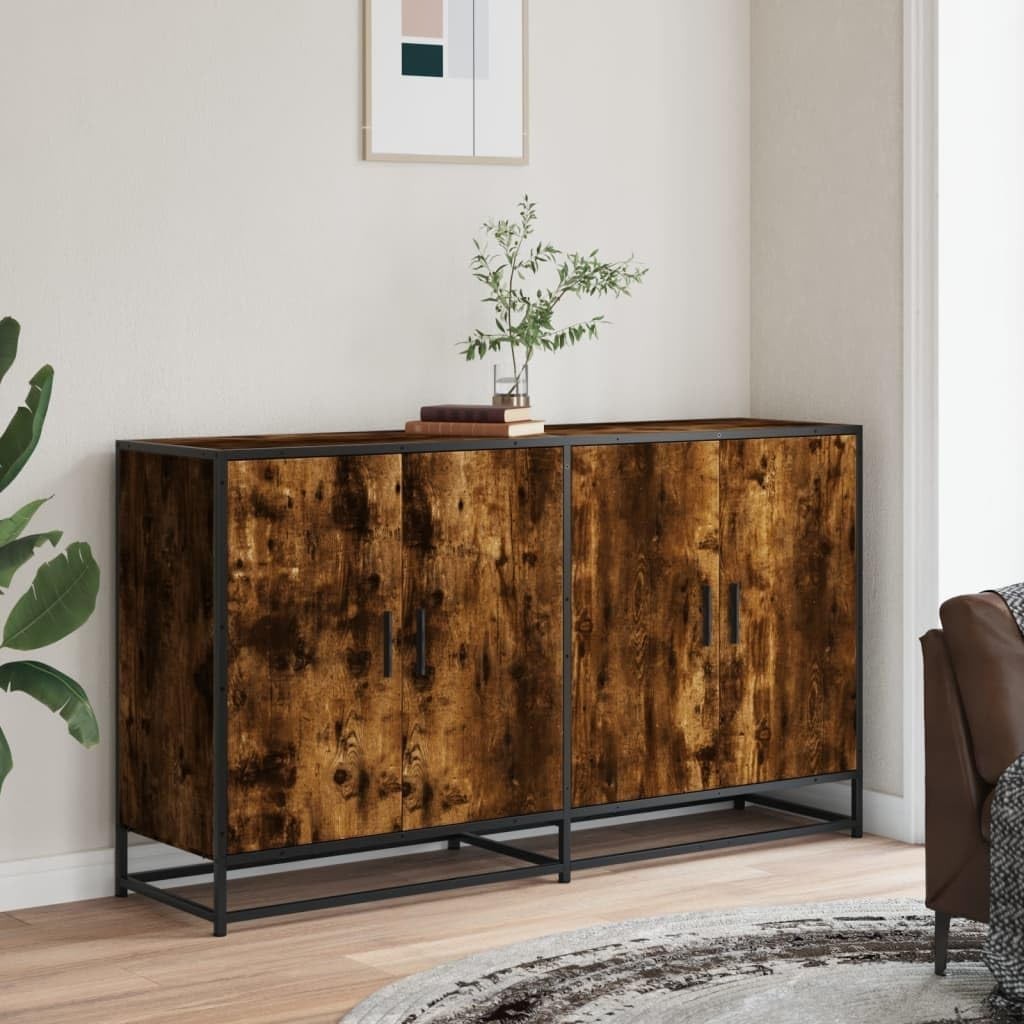 Industrial Sideboard Storage Cabinet Smoked Oak Metal Frame 4 Door Unit