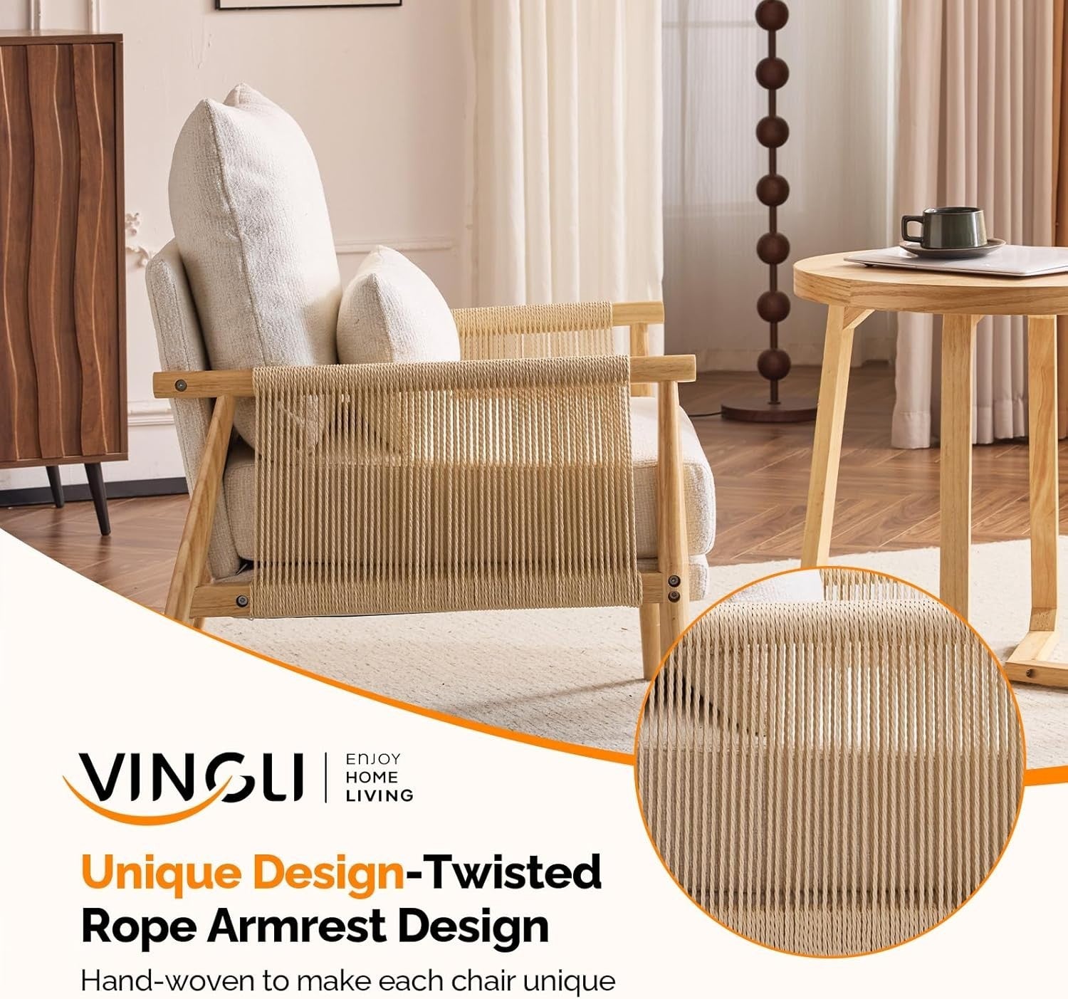 Mid-Century Rattan Accent Chair with Lumbar Pillow, Comfy Armrest