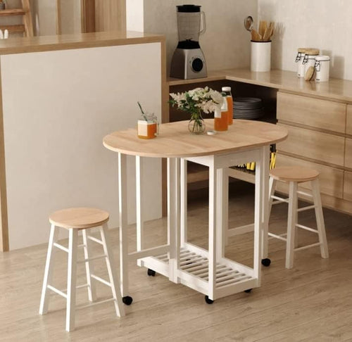 Small Folding Kitchen Dining Set 3pc Drop Leaf Table with Stools Wheels