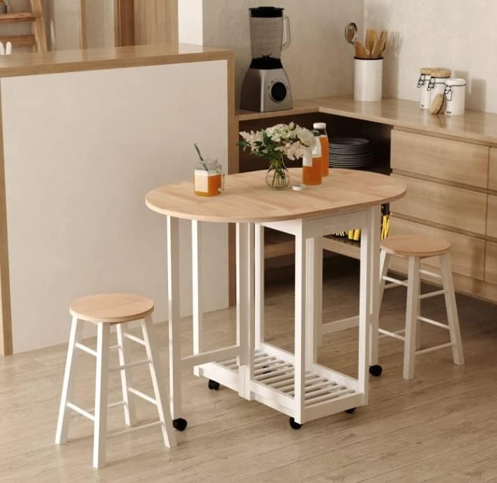 Small Folding Kitchen Dining Set 3pc Drop Leaf Table with Stools Wheels