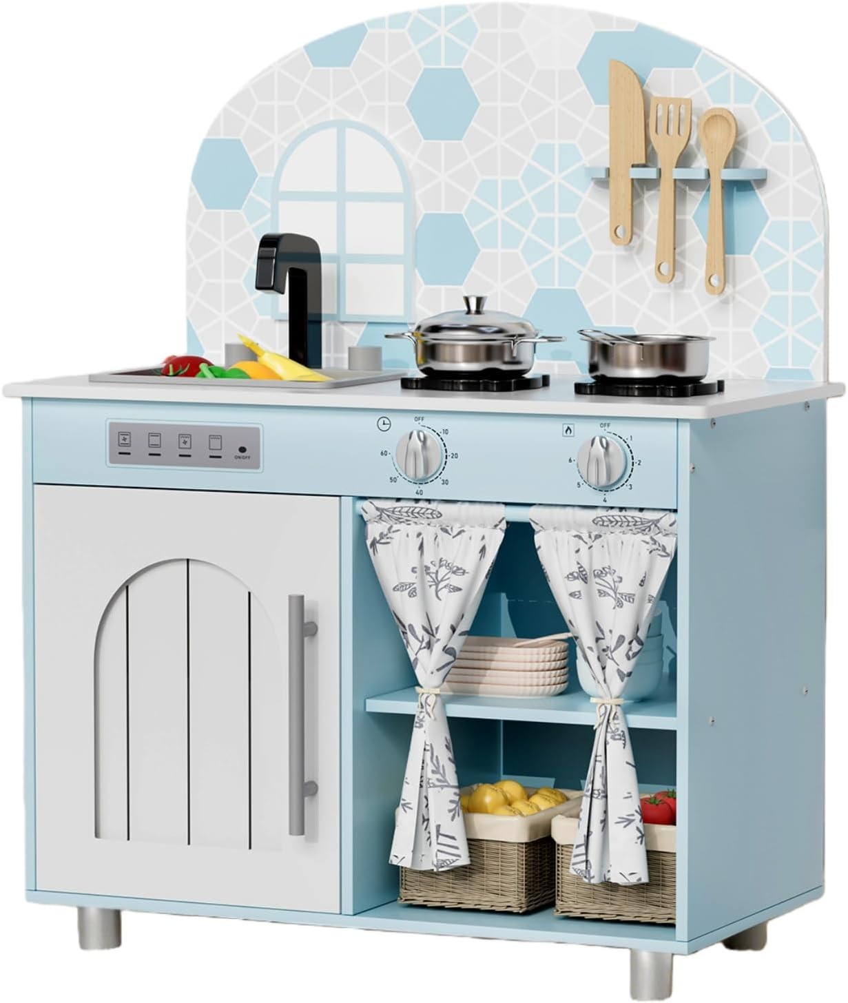 Kids Wooden Play Kitchen w/ Sound Stove Storage Blue Toy Set