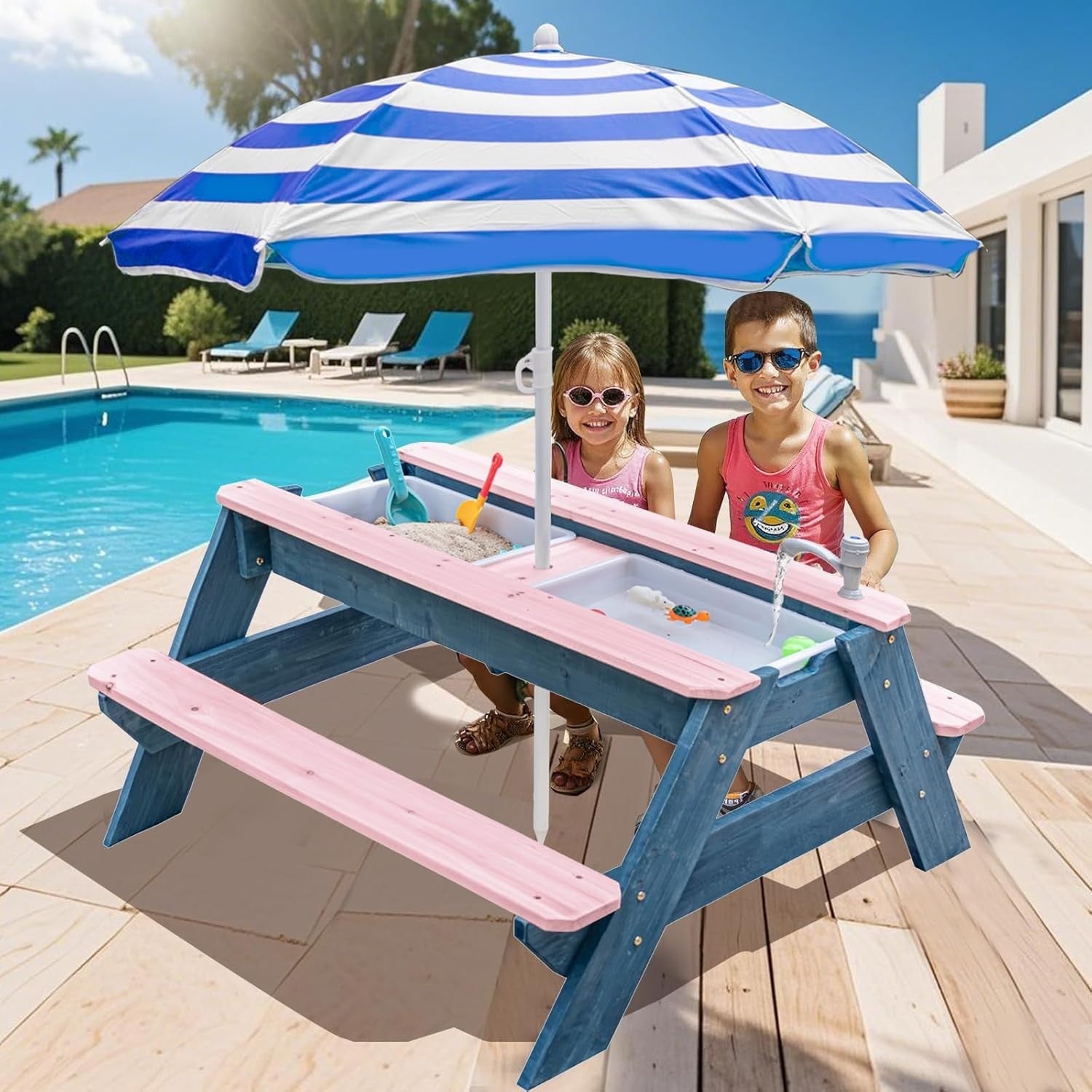 Kids Outdoor Sand & Water Picnic Table with Umbrella | 3-in-1 Wood Play