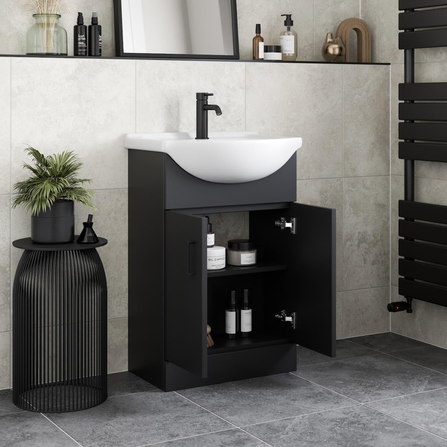 560mm Matt Black Vanity Sink Unit – Freestanding Bathroom Basin Cabinet
