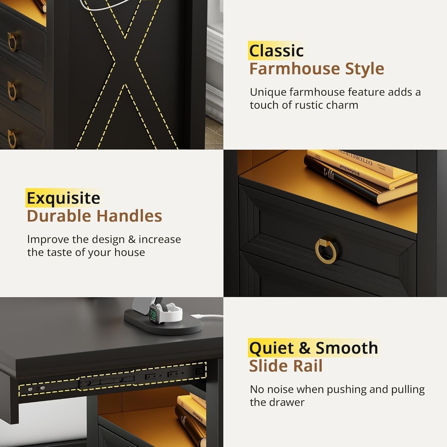 Black Smart Bedside Table with Wireless Charging, LED Lights & 4 Drawers Storage