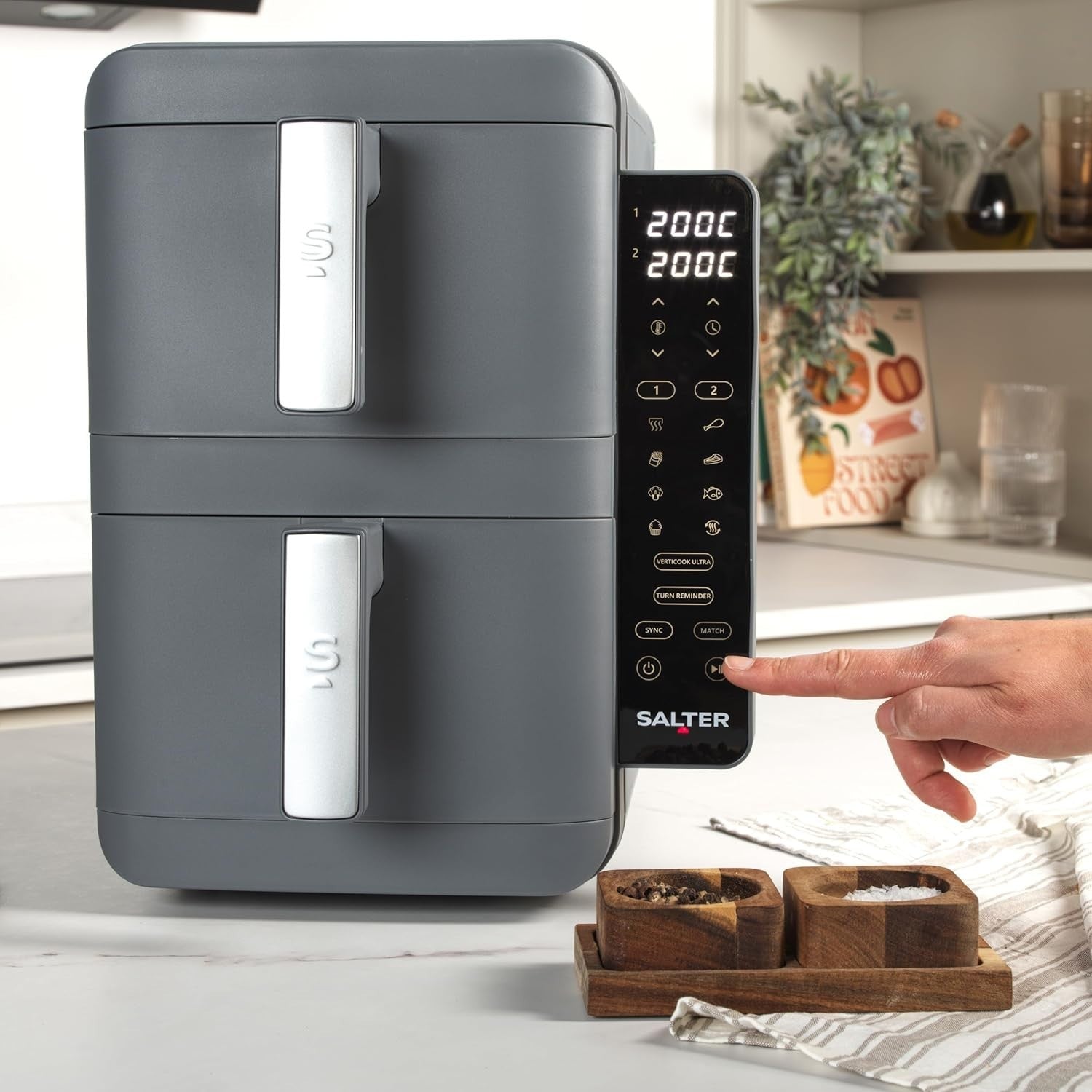 Vertical Dual Drawer Air Fryer 9L  4-Layer Cooking, 9 Presets, Sync/Match, 2400W