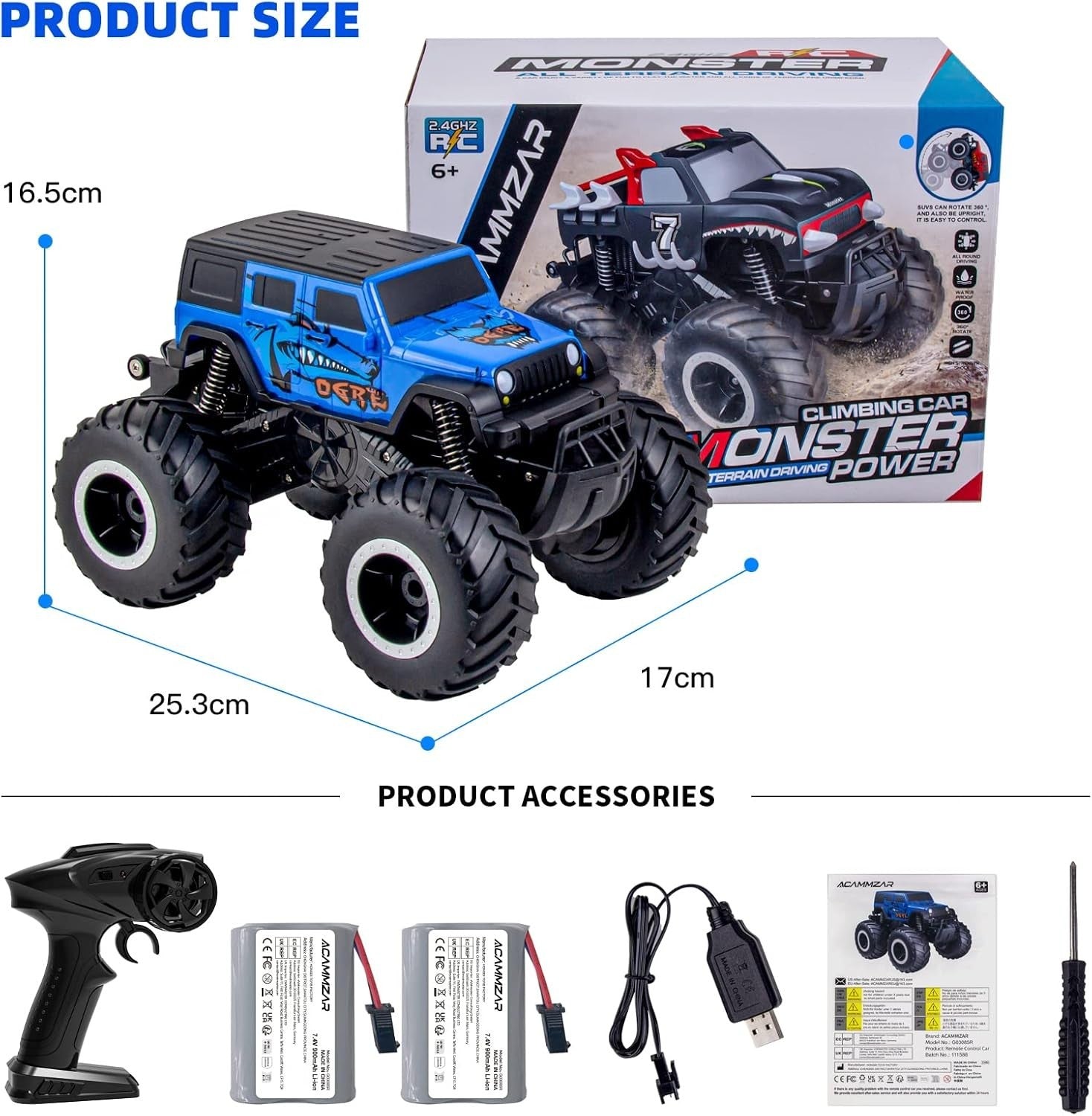 Amphibious 4WD RC Monster Truck Car Kids | 360° Flip, Waterproof, 1:16, 20km/h