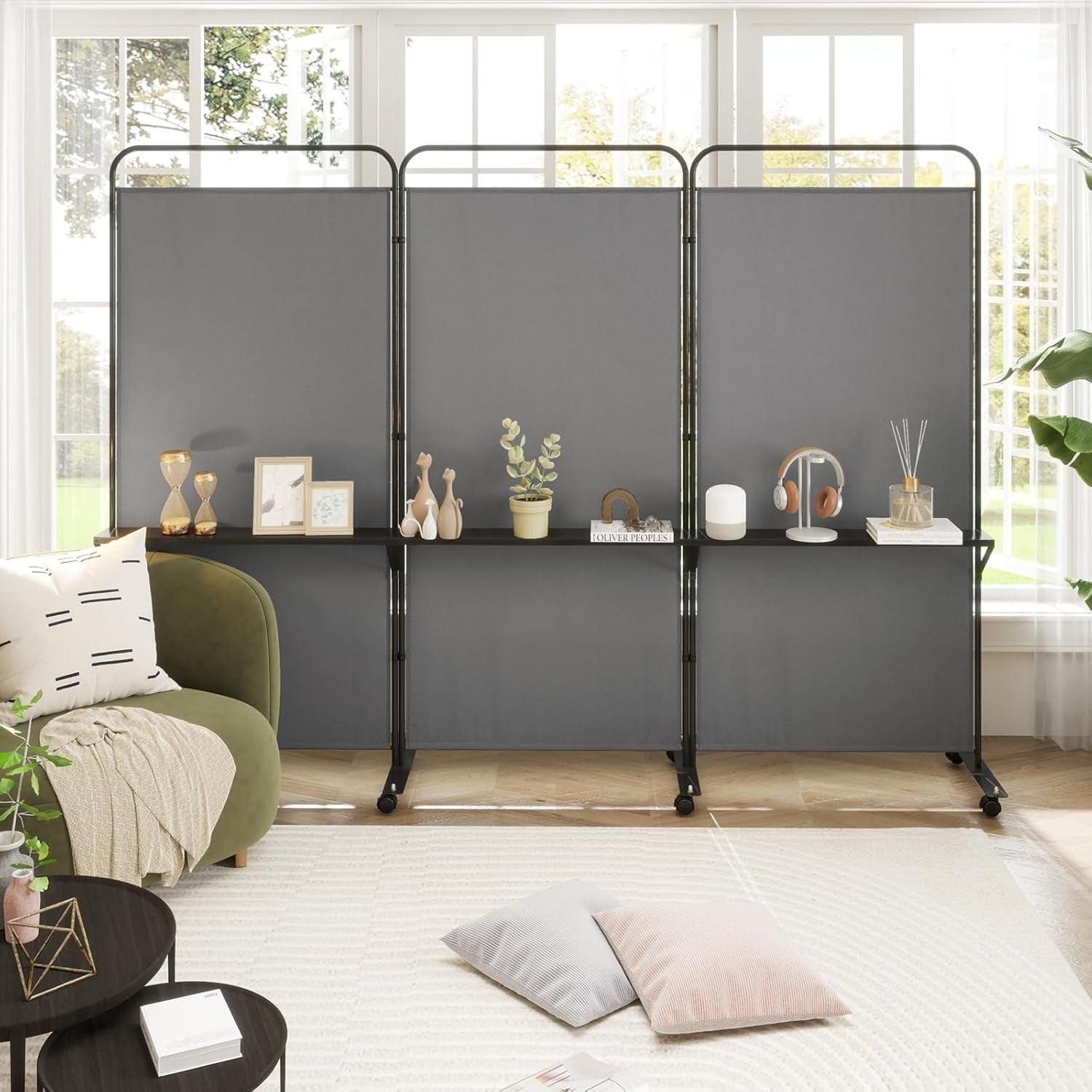 3 Panel Grey Folding Room Divider with Shelves & Wheels Privacy Screen 188cm