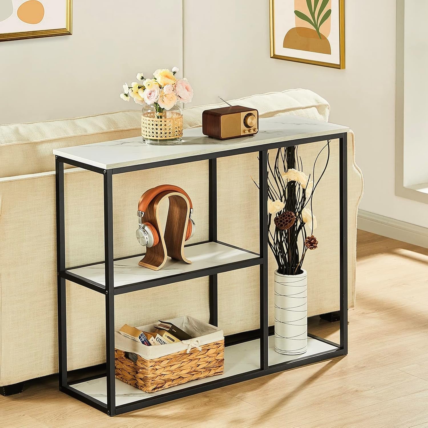 Modern Narrow Console Table with 3-Tier Storage Shelves – 80cm x 30cm x 80cm