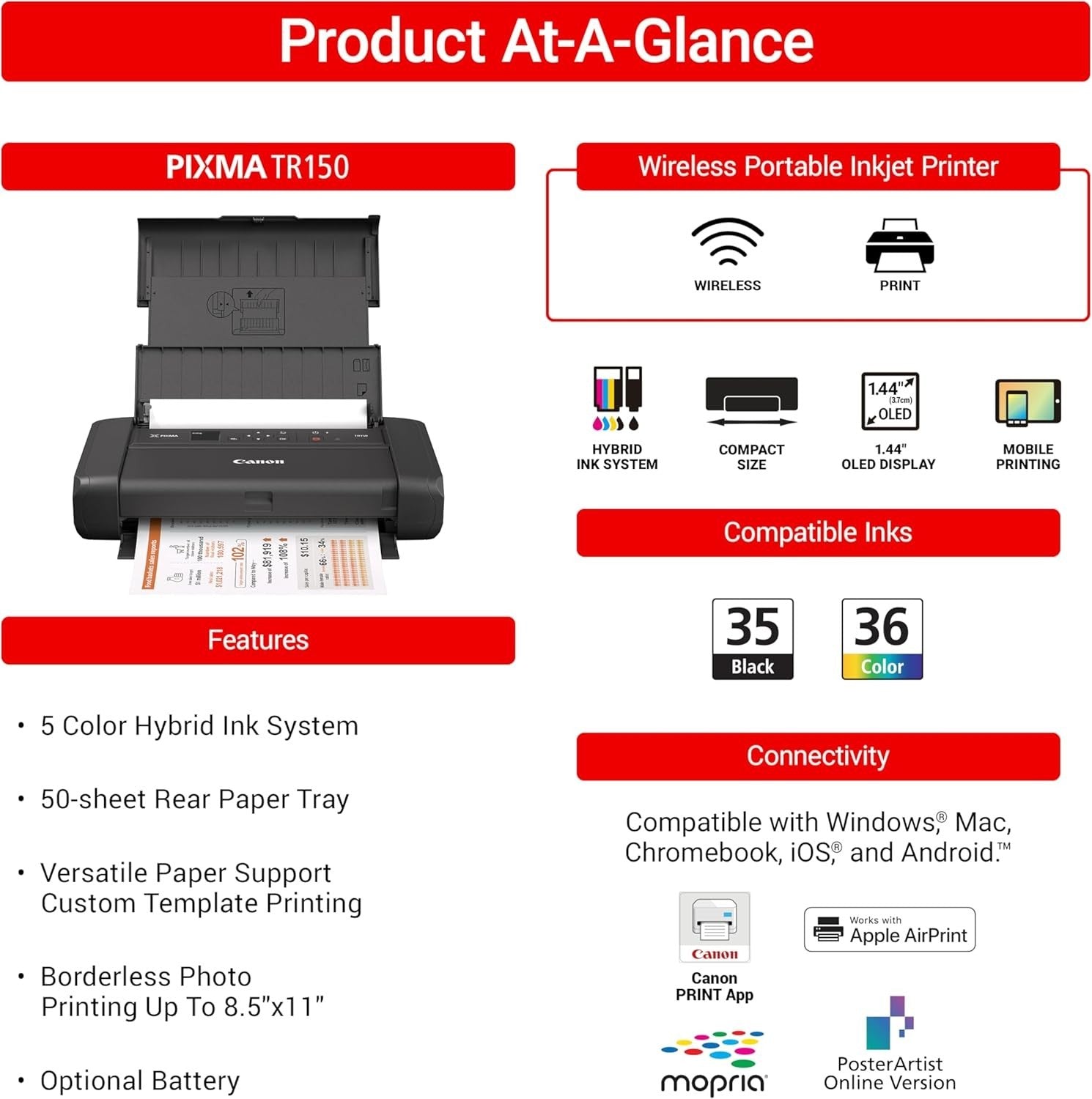 Portable Colour Inkjet Printer Black | Wi-Fi USB Compact Travel A4