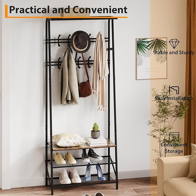 Rustic Brown 3-in-1 Coat Rack with Shoe Storage & 10 Hooks Hallway Stand